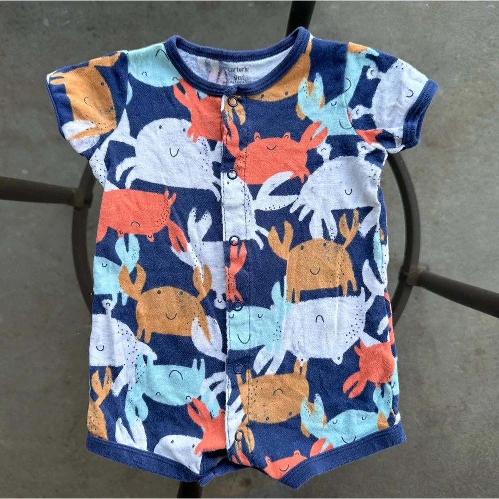 Carter’s Baby Crabs Snap Up Short Sleeve Romper in Navy/White - Size 9 Months